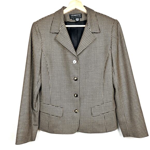 VTG Y2K Liz Claiborne Tan Black Houndstooth Wool Blazer Sz 12 Academia Business - Picture 1 of 13